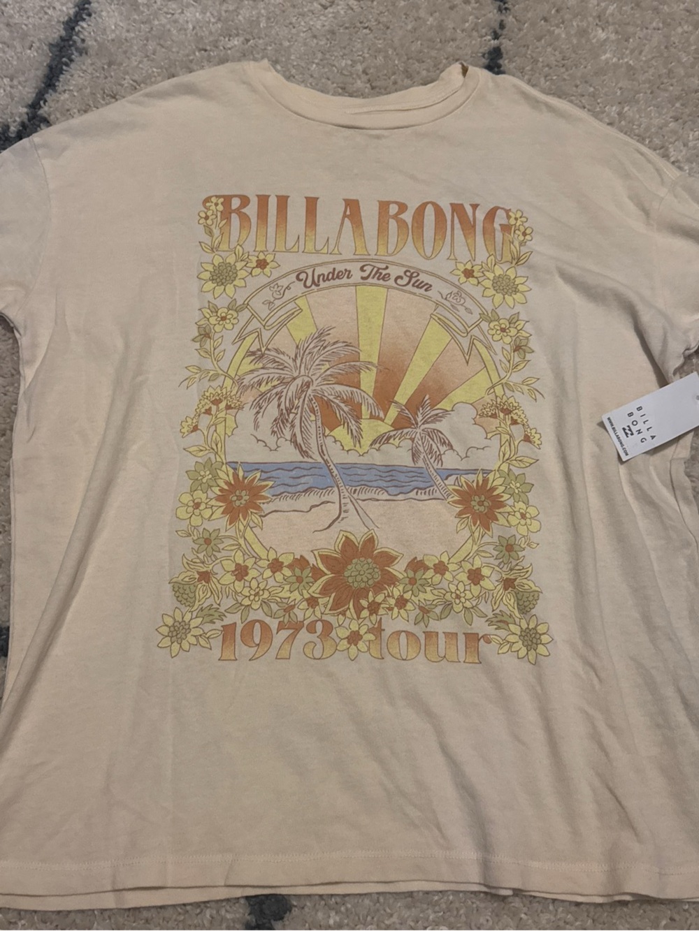 Billabong Cream Oversized Tee with Retro Sunset & Palm Graphic